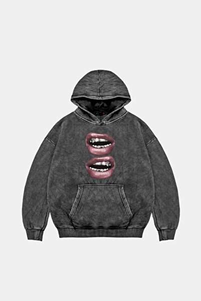 Sekizbiraltı V2 Lip Teeths Štampano Oversize kroj Unisex periva crna majica s...