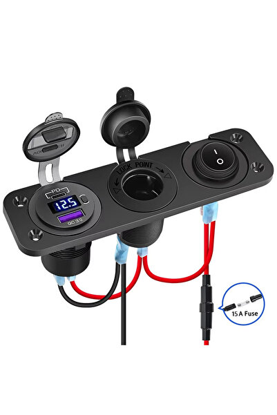 zola Car socket, waterproof, built-in voltmeter, 1 USB-C PD port, 1 USB QC 3.0 port, 15.5x4.3x5.5 cm