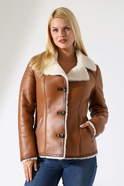 By Marki Marki Kadın Hakiki Deri Mont, Kahverengi, İçi Kürklü, 67 cm, Düğmeli...