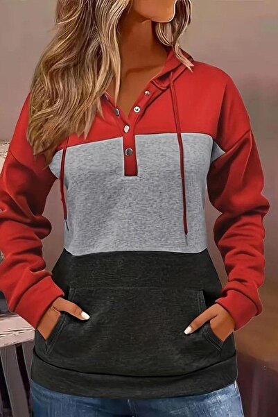 Mossta Button Detailed Hooded Two Thread Blouse - Red