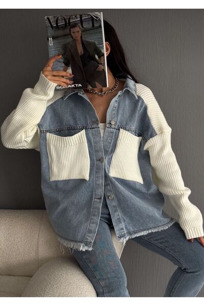 ALVOR Women's Oversize Denim Jeans Garnished Cardigan with Sleeves and Pocket Knitwear