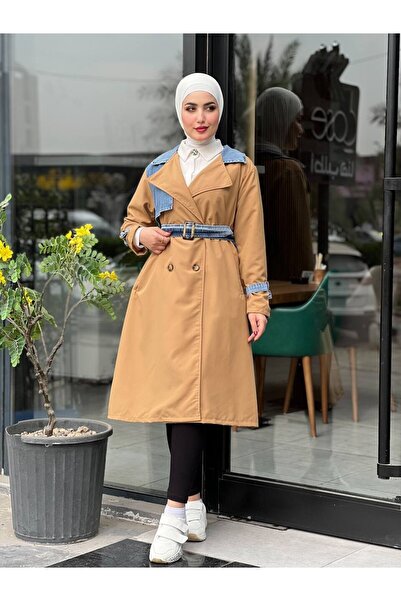 Esre Store 44100 - Renk Detaylı Tesettür Trençkot Camel C-3