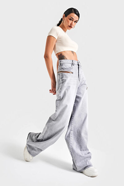 it's basic Kadın gri renk 4s5-12 palazzo fit bol kesim %100 koton fermuar detaylı tasarım denim jean