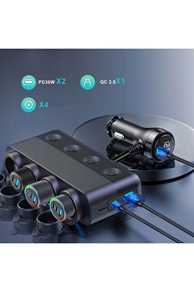 zola Car cigarette lighter splitter adapter, 4 sockets, 2 USB-C, 1 USB QC 3.0, LED, 216W, 12/24V, black