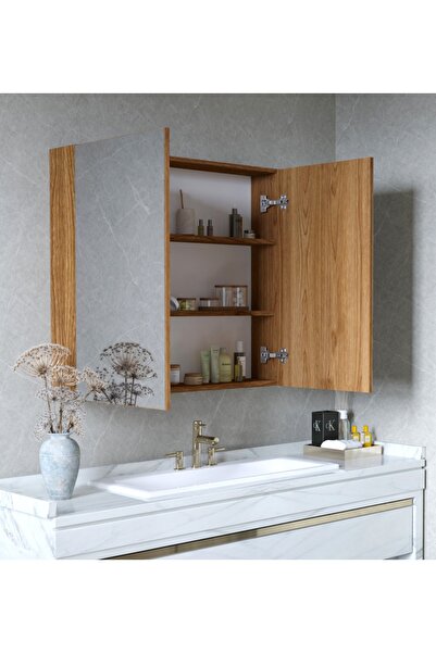 TETTO ELAGANTE 2 Kapaklı (AMALFİ-ATLAS ÇAM ) 60X60 Aynalı Banyo Dolabı Çok Amaçlı Banyo Dolabı
