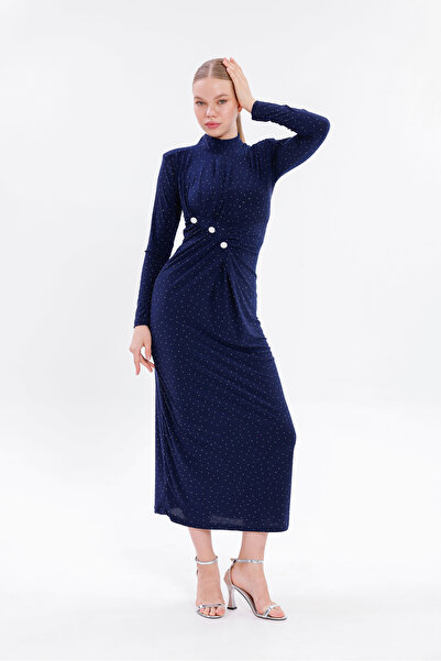 Moda Palmiss Kadın Lacivert Taşlı Uzun Kollu Sandy Abiye Elbise