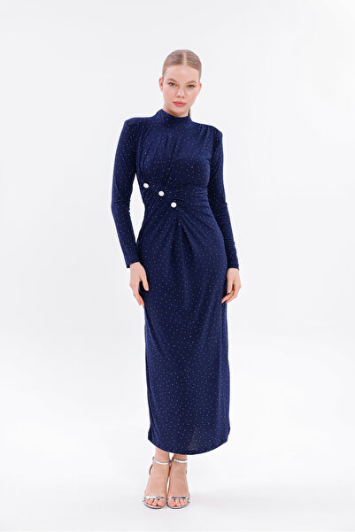 Moda Palmiss Kadın Lacivert Taşlı Uzun Kollu Sandy Abiye Elbise