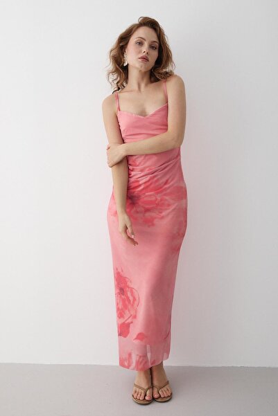 Laluvia Pink Side Draped Floral Patterned Dress