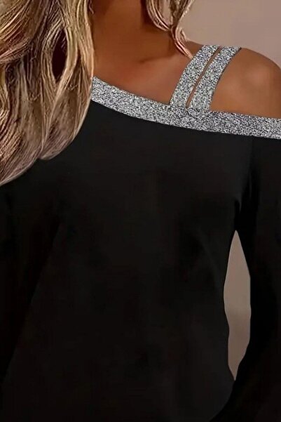 Mossta Asymmetrical Shoulder Blouse with Glittery Strap Detail - Black