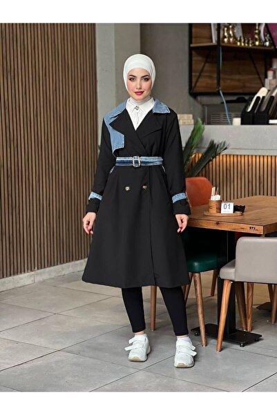 Esre Store 44100 - Цветен детайлен скромен тренчкот, черен C-3