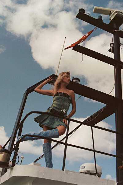 Kikiriki Strapless Denim Dress with Green Belt Detail