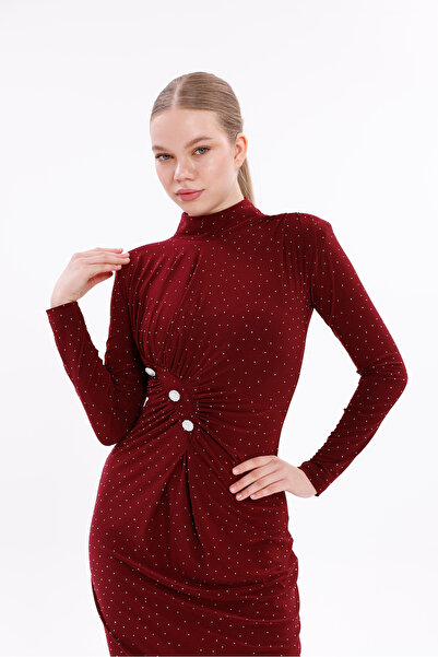 Moda Palmiss Women's Burgundy Stone Long Sleeve Sandy Evening Dress