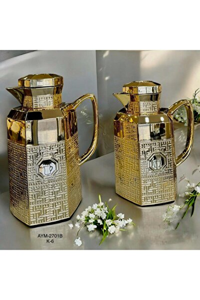 ZETT Coffee and Tea Themed Gold Detail Stylish 2-Piece Thermos Set 1L/0.7L