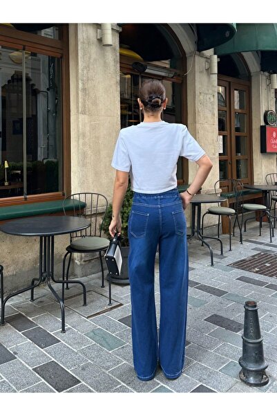 SHEVEGA Women's Navy Blue Elastic Waist Broad Leg Pants