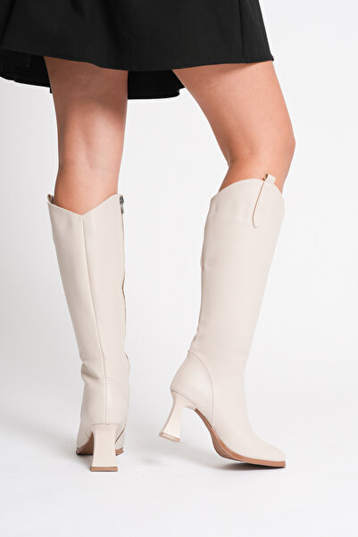 TOPUK Welma Beige Leather Heeled Boots