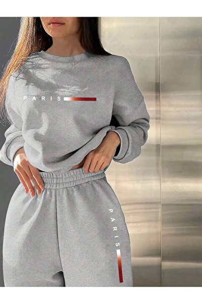 macklin Unisex Erkek Kadın Paris Baskılı 3 İplik Bisiklet Yaka Eşofman Takımı