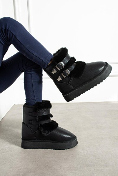 CCWAY AYAKKABI Çift Tokalı KalınTaban Kadın Bot SİYAH SULTAN