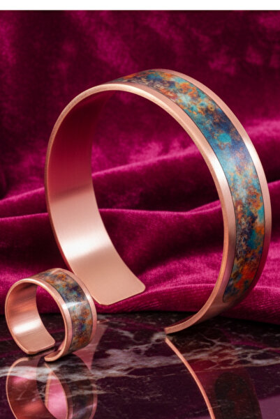 OSMANLI GÜMÜŞ Women's Copper Bracelet Ring Set - World Model Special Edition Metal Box and Quartz Stone