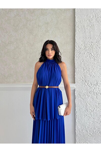 Serica Moda Rochie cu curea cu guler pliat albastru Saks