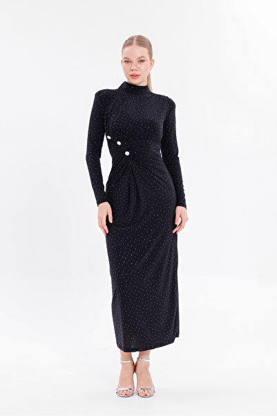 Moda Palmiss Γυναικείο βραδινό φόρεμα με μακρύ μανίκι από μαύρη πέτρα