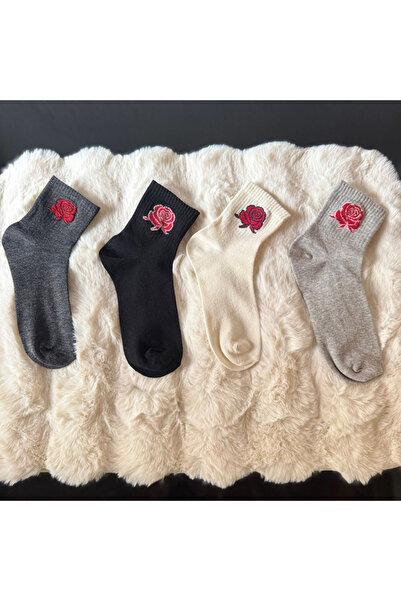 Çorap Bakkalı Unisex Rose Patterned College Socks Set of 4
