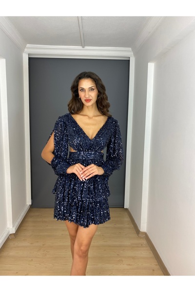 gökkuşagı moda Lacivert Payet Sırt Dekolteli Uzun Kollu Etek Katlı Kısa Abiye...