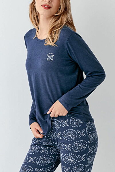 Arnetta Set pijamale pentru femei, imprimat, cu decolteu, cu maneca lunga, cu buzunar, albastru, 50% bumbac, 50% modal