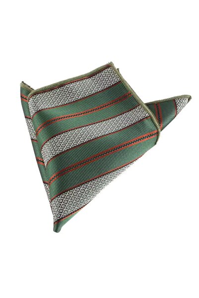 KESNUP Men's suit jacket pocket square, diamond and stripe pattern, White / Green / Brown