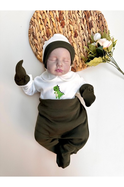 Mama Miel Baby Haki Dinozor Nakışlı Yenidoğan Set (Body, Pantolon, Bere, Eldi...