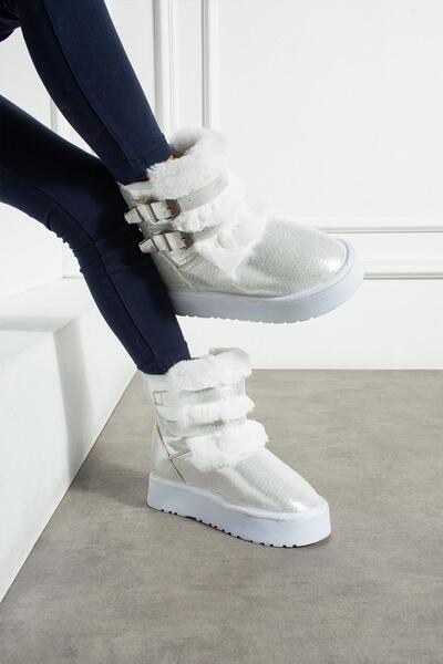 CCWAY AYAKKABI Çift Tokalı KalınTaban Kadın Bot GÜMÜŞ SULTAN