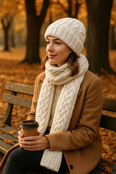 SİSTEM PELUŞ Women's Elegant Knitted Patterned Beanie & Scarf Set