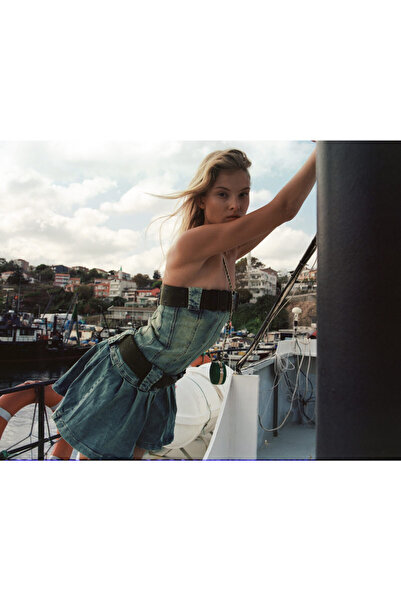 Kikiriki Strapless Denim Dress with Green Belt Detail