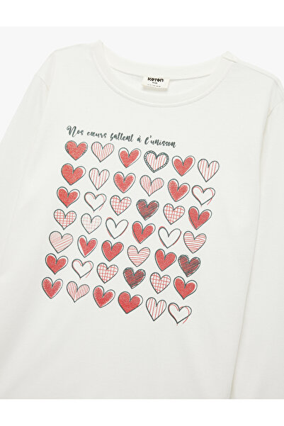 Koton Long Sleeve Cotton Crew Neck Glitter Heart Print T-Shirt