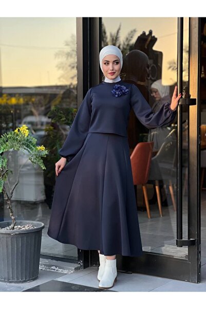 Esre Store 3028 - Set dublu Scuba Tesettür, bleumarin B-1