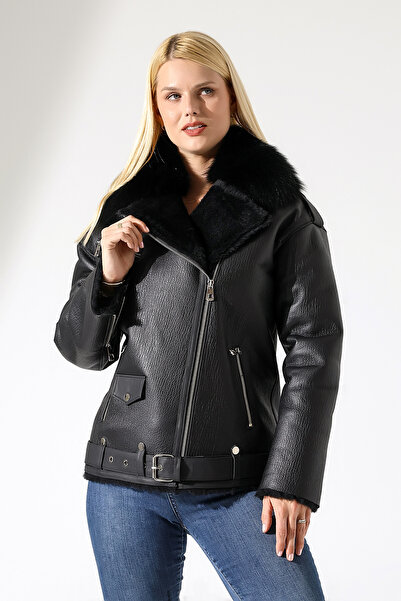 By Marki Marki Kadın Hakiki Deri Mont, Siyah, Oversize, İçi Kürklü, 74 cm, Ke...