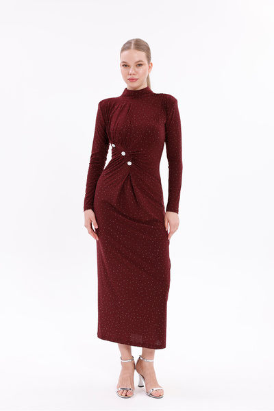 Moda Palmiss Women's Burgundy Stone Long Sleeve Sandy Evening Dress