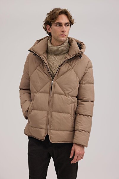 Jakamen Bej Comfort Fit Kapuşonlu Şişme Mont