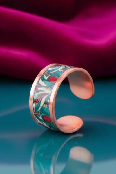 OSMANLI GÜMÜŞ Women's Copper Bracelet Ring Set - Garden Model Special Edition Metal Box and Quartz Stone