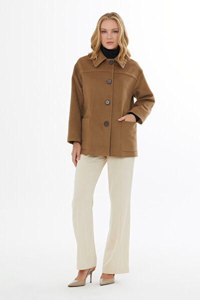 GİZİA Geniş Yaka Kemerli Kaşmir Kaşe Kaban