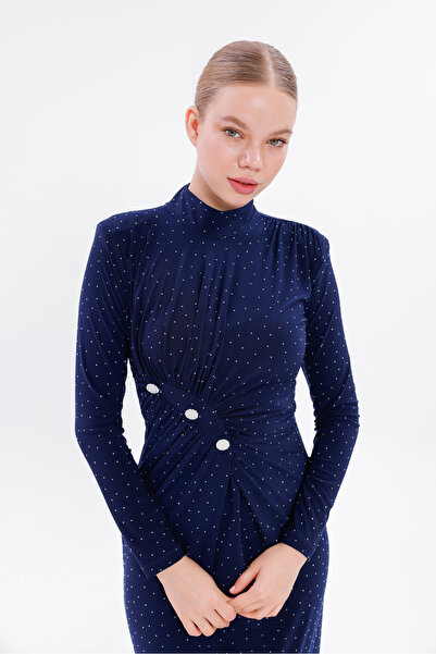 Moda Palmiss Kadın Lacivert Taşlı Uzun Kollu Sandy Abiye Elbise