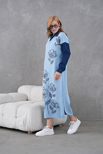 Miss Allos Rochie lungă din tricot pentru femei, cu mâneci din denim, cu broderie în față