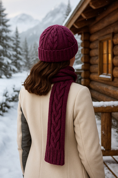 SİSTEM PELUŞ Women's Elegant Knitted Patterned Beanie & Scarf Set