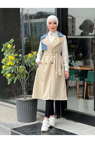 Esre Store 44119 - Цветен детайлен скромен тренчкот бежов A-1