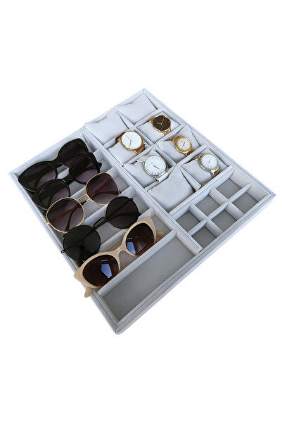 ÖZER KUTU Organizatör Gri Süet Tabla Kolye & Yüzük Düzenleyici Ve Gözlük(8 Ya...