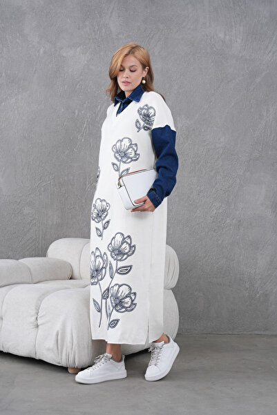 Miss Allos Women's Sleeves Denim Front Beading Wide Fit Long Knitwear Dress