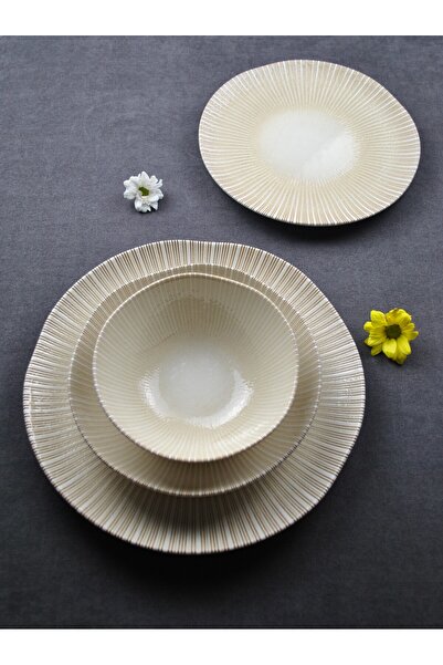 Qualitev 24 Parça Porselen Yemek Takımı Krem Çizgili Yemek Seti-Karya