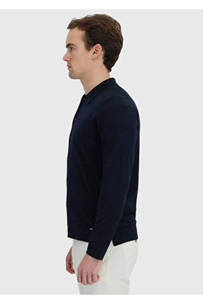 Ramsey Lacivert Polo Yaka Düz Örgü Yün Karışımlı Hırka