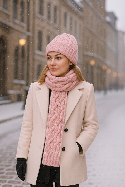 SİSTEM PELUŞ Women's Elegant Knitted Patterned Beanie & Scarf Set