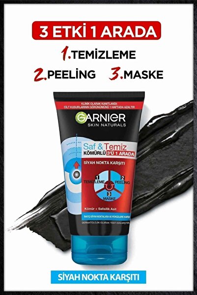 Garnier Saf & Temiz Yüz Temizleyici 3 'ü 1 Arada, BHA Kömür, Siyah Nokta Karş...