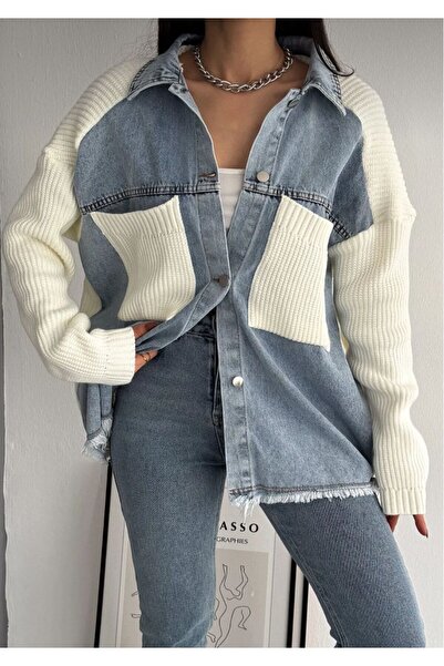 ALVOR Women's Oversize Denim Jeans Garnished Cardigan with Sleeves and Pocket Knitwear